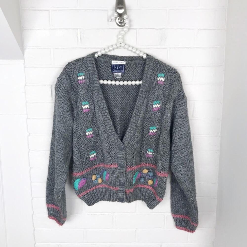 Vintage Bobble Hand Knit Cropped Cardigan Sweater Cottagecore Grannycore Size M